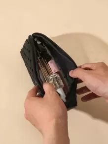 Black Plush Half-moon Mesh Bag With Heart-shaped Print - Black - View 3