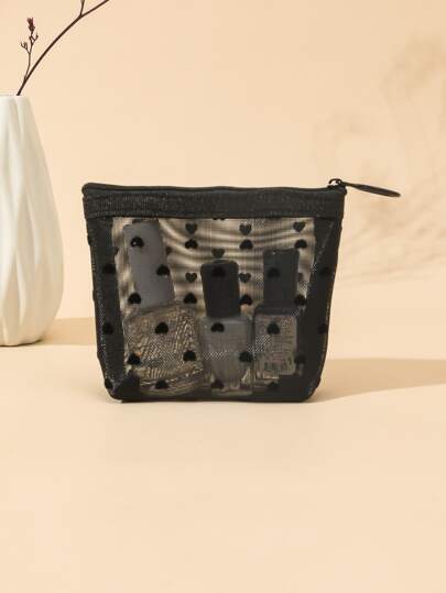 ハートプリント メッシュ ファスナー メイクアップバッグの画像