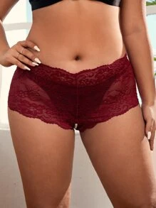 Classic Sexy Plus Floral Lace Crotchless Panty - Burgundy - View 1