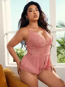 Classic Sexy Plus Contrast Lace Crotchless Romper Bodysuit - Dusty Pink - View 1