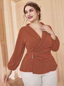 Mulvari 大碼青果領圍裹女士襯衫 - 紅木色 - 查看 3