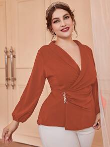 Mulvari 大碼青果領圍裹女士襯衫 - 紅木色 - 查看 5