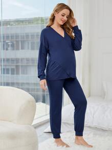 SHEIN Maternity Wrap Nursing Top & Adjustable Waist Trousers Lounge Set - Navy Blue - View 5