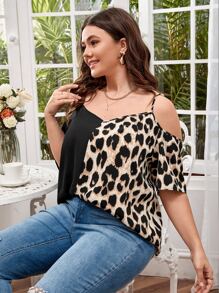 SHEIN LUNE 大碼撞色豹紋印花挖肩襯衫 - 棕色 - 查看 1