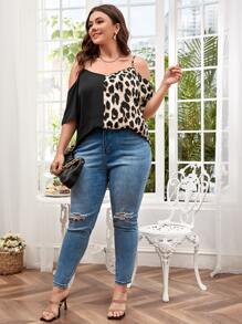 SHEIN LUNE 大碼撞色豹紋印花挖肩襯衫 - 棕色 - 查看 5