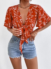SHEIN PETITE 波西米亞前綁帶蝴蝶結花卉印花女士上衣 - 紅色 - 查看 4