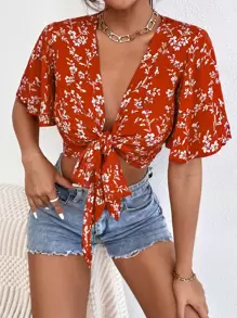 SHEIN PETITE 波西米亞前綁帶蝴蝶結花卉印花女士上衣 - 紅色 - 查看 5