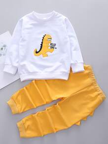 SHEIN Young Boy Dinosaur And Letter Graphic Pullover & 3D Design Patched Sweatpants - Multicolor - View 1