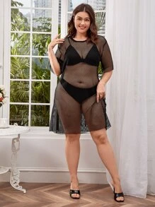 Plus Sheer Mesh Dress Without Bra - Black - View 3