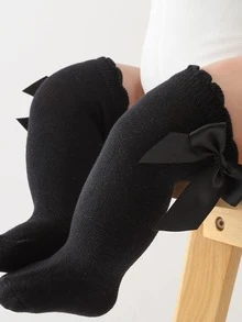 Calcetines con lazo a media pantorrilla estilo princesa adorables para niñas y bebés en colores sólidos rojos, verdes, negros, blancos y grises con material cómodo - Negro - Ver 4