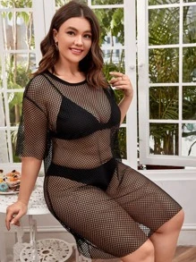 Plus Sheer Mesh Dress Without Bra - Black - View 5