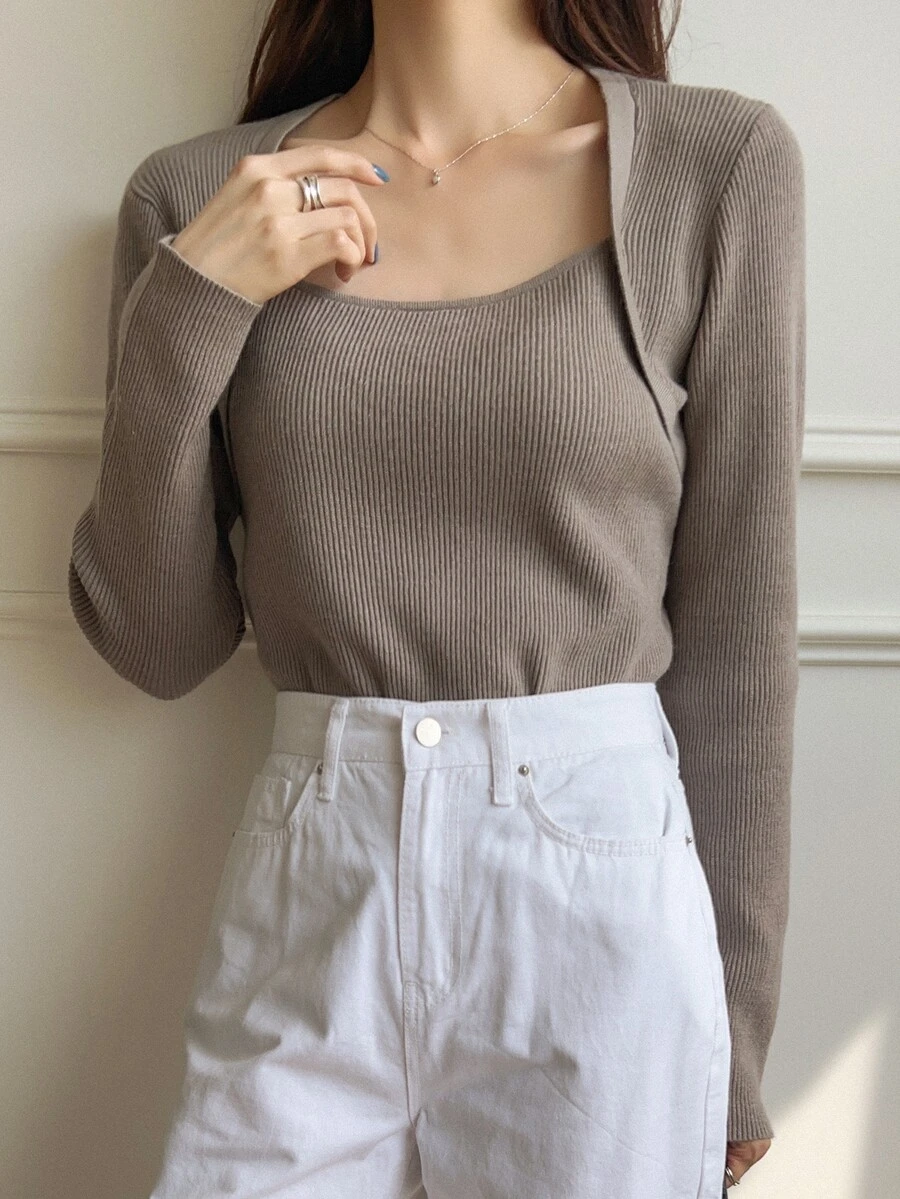 DAZY Ribbed Knit Scoop Neck Jumper - Grey - View 1