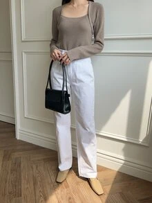 DAZY Ribbed Knit Scoop Neck Jumper - Grey - View 3