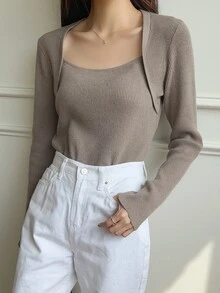 DAZY Ribbed Knit Scoop Neck Jumper - Grey - View 4