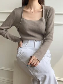 DAZY Ribbed Knit Scoop Neck Jumper - Grey - View 6