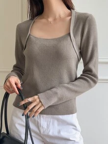 DAZY Ribbed Knit Scoop Neck Jumper - Grey - View 8
