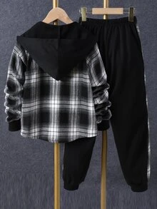 SHEIN Vacaura Tween Boy 1 件格子印花纽扣前连帽衬衫和 1 件运动裤 - 黑與白 - 查看 4