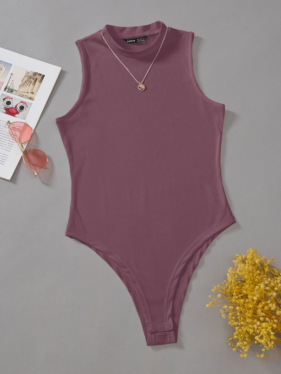 Chiquease Summer Solid Ribbed Sleeveless Bodysuit - Purple - View 1