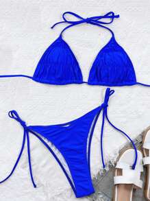 SHEIN Swim 吊带三角系带侧比基尼夏季 - 寶藍色 - 查看 4