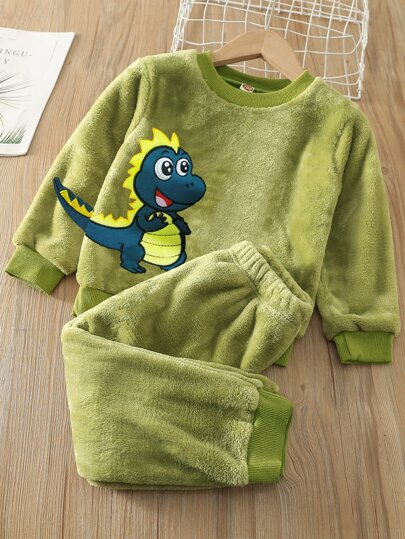 SHEIN Young Boy Dinosaur Embroidery Flannel Sweatshirt & Sweatpants Chic Outfits For Autumn/Winter