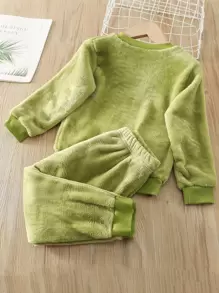 SHEIN 年輕男孩恐龍刺繡法蘭絨運動衫和運動褲