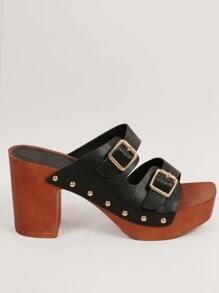 Mules de punta abierta dos hebilla grueso tacón - Negro - Ver 4