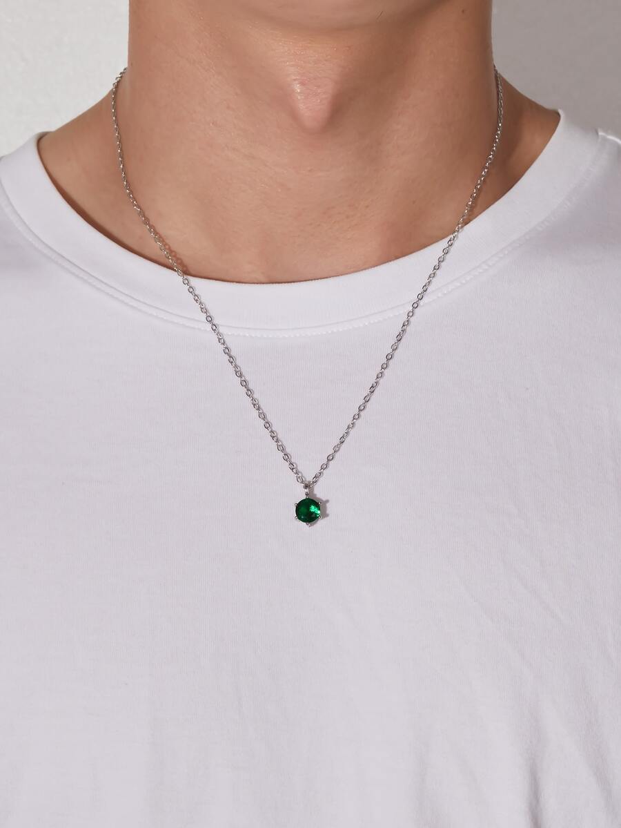 Men Gemstone Charm Necklace - Silver - View 1