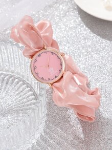 1pc Ladies Watch Round Pointer Scrunchie Quartz Watch Pink Strap Digital Crown Scale A Gift For A Friend - Pink - View 3