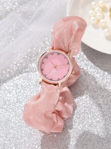1pc Ladies Watch Round Pointer Scrunchie Quartz Watch Pink Strap Digital Crown Scale A Gift For A Friend - Pink - View 4