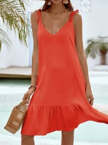 SHEIN Swim 肩上打結荷葉邊罩衫連衣裙不附腰帶 - 橘色 - 查看 5