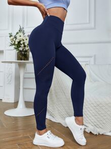 Easithlete 瑜伽打底褲中度彈力收復緊身打底褲帶鏤空 - 藏蓝色 - 查看 2