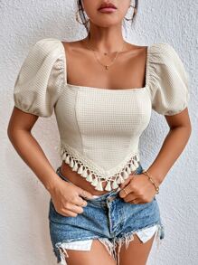 SHEIN Holidaya 泡泡袖流蘇邊襯衫 - 杏色 - 查看 1