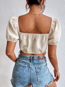 SHEIN Holidaya 泡泡袖流蘇邊襯衫 - 杏色 - 查看 2