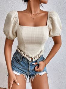 SHEIN Holidaya 泡泡袖流蘇邊襯衫 - 杏色 - 查看 6