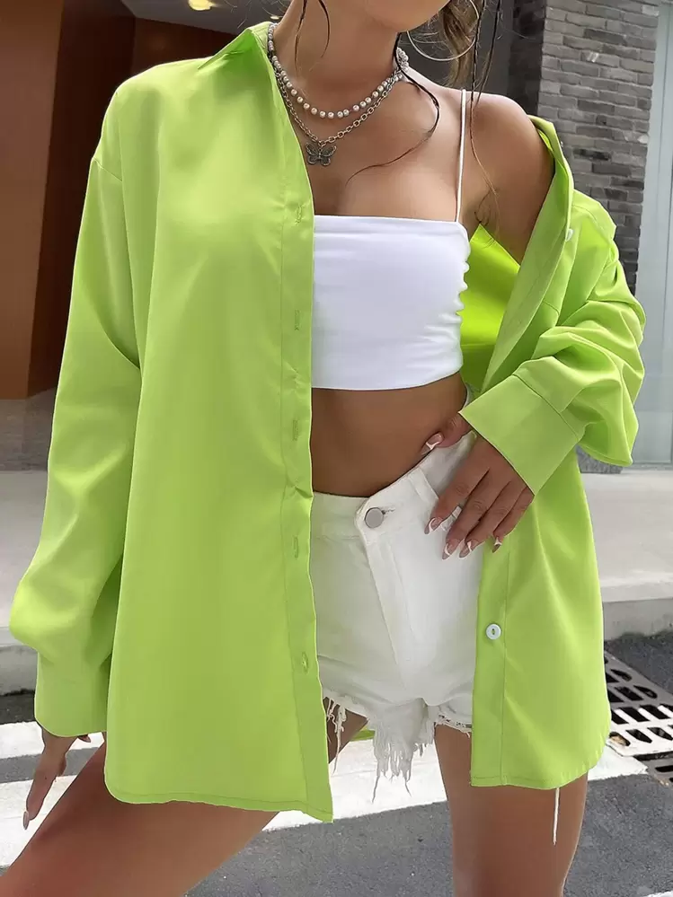 SHEIN Unity 落肩袖素色襯衫 - 青檸色 - 查看 1