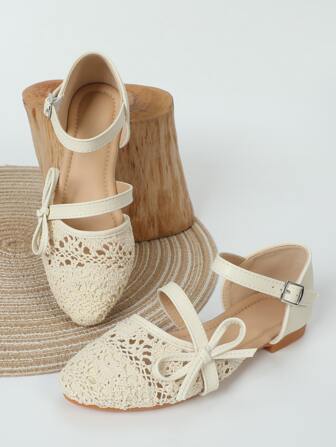 女孩鏤空蝴蝶結裝飾踝帶平底鞋