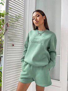 SHEIN Unity Drop Shoulder Slogan Graphic Pullover & Track Shorts - Mint Green - View 1