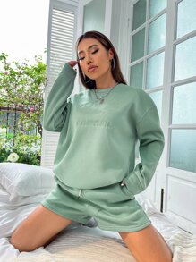 SHEIN Unity Drop Shoulder Slogan Graphic Pullover & Track Shorts - Mint Green - View 4