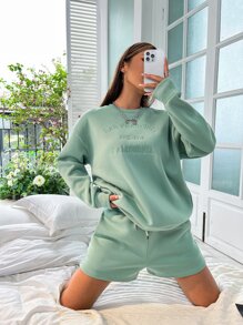 SHEIN Unity Drop Shoulder Slogan Graphic Pullover & Track Shorts - Mint Green - View 6