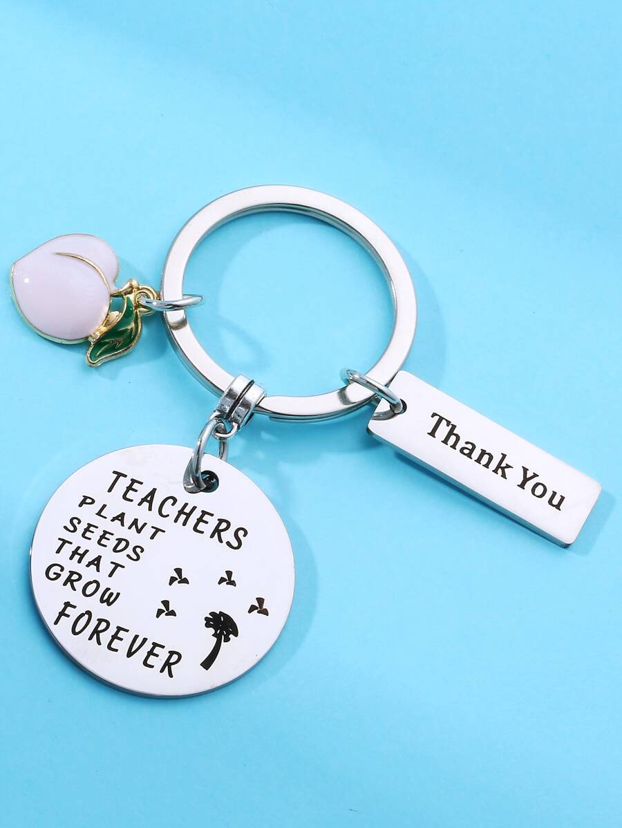 1 Miếng Đồ họa Khẩu hiệu Tròn & Đào Đồ treo Móc chìa khóa - Bạc - Xem 1