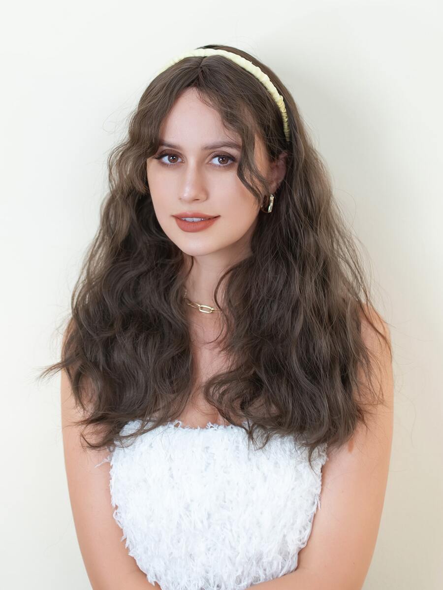 alicegarden 1 件棕色合成耐热长波西米亚卷发假发，带刘海，26 英寸长，由纤维制成，适合日常使用，自然逼真的假发。 - 棕色 - 查看 1