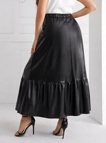 Modelyn Plus Ruffle Hem PU Leather Skirt - Black - View 2