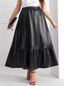 Modelyn Plus Ruffle Hem PU Leather Skirt - Black - View 3