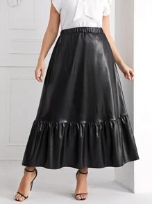 Modelyn Plus Ruffle Hem PU Leather Skirt - Black - View 4