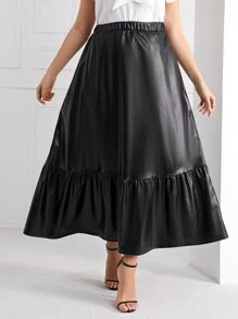 Modelyn Plus Ruffle Hem PU Leather Skirt - Black - View 5