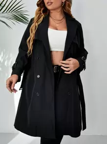 SHEIN LUNE Gabardina de doble botonadura de cuello con solapa hebilla puño - Negro - Ver 1