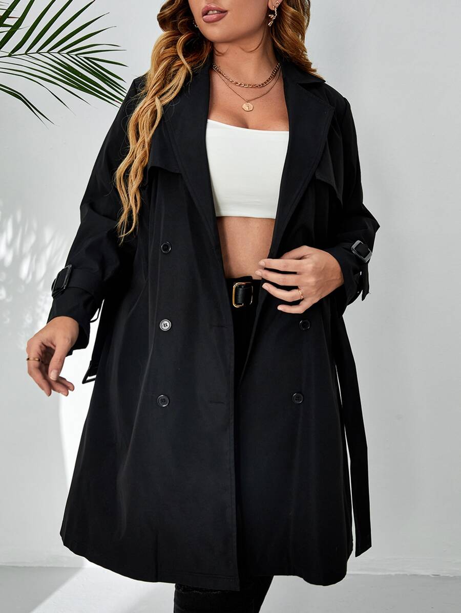 SHEIN LUNE Gabardina de doble botonadura de cuello con solapa hebilla puño - Negro - Ver 1