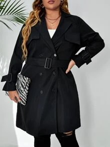 SHEIN LUNE Gabardina de doble botonadura de cuello con solapa hebilla puño - Negro - Ver 3