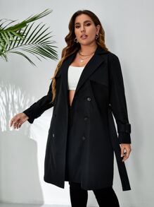 SHEIN LUNE Gabardina de doble botonadura de cuello con solapa hebilla puño - Negro - Ver 5