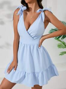 Vestido de tirantes de hombros con cordón bajo con fruncido - Celeste - Ver 1